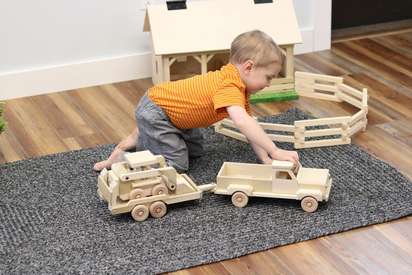 Amish Wooden Toy Pickup Truck and Flatbed Trailer with Skidloader Set