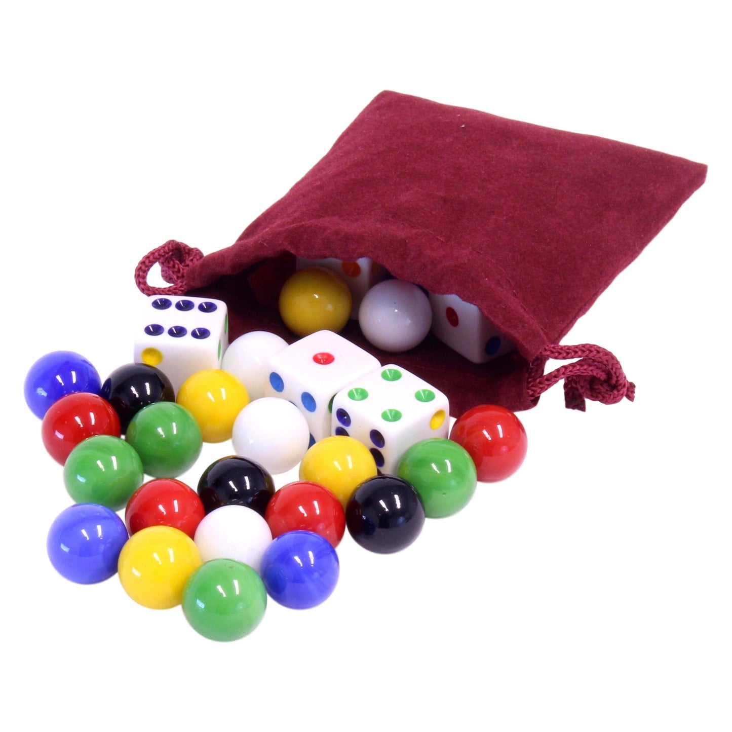 AmishGame Bag of 24 Glass Marbles (14mm) and 6 Dice for Aggravation Game