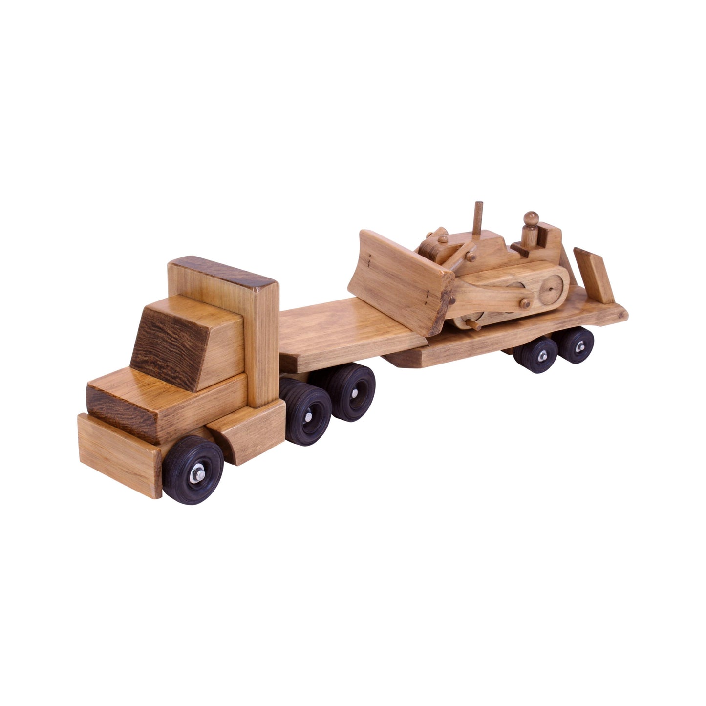 Amish Wooden Toy Truck & Low Boy Flatbed Trailer with Bulldozer Set