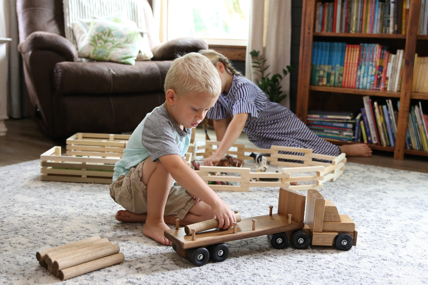 Amish Wooden Log Semi Truck Toy With Removable Logs