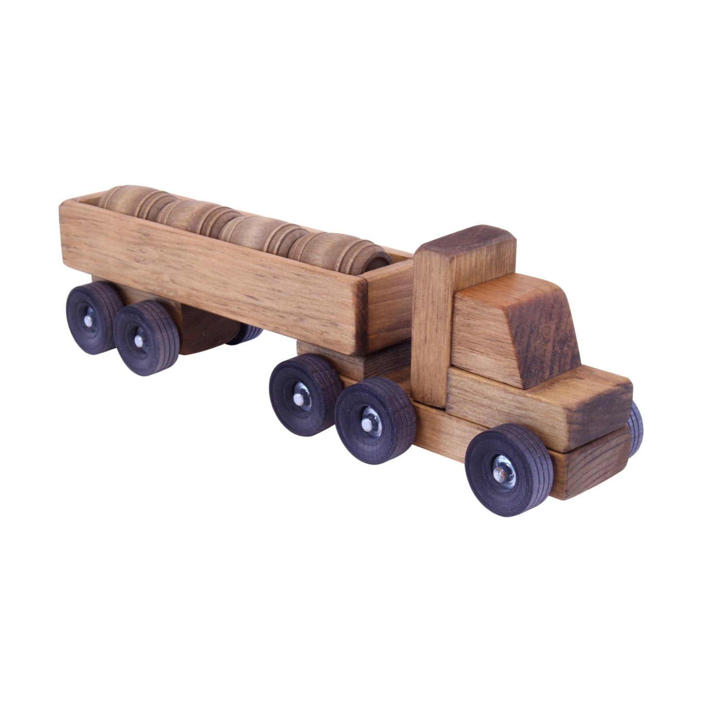 Amish Wooden Barrel Truck Toy With Removable Wood Barrels Child-Safe Harvest Stain Finish