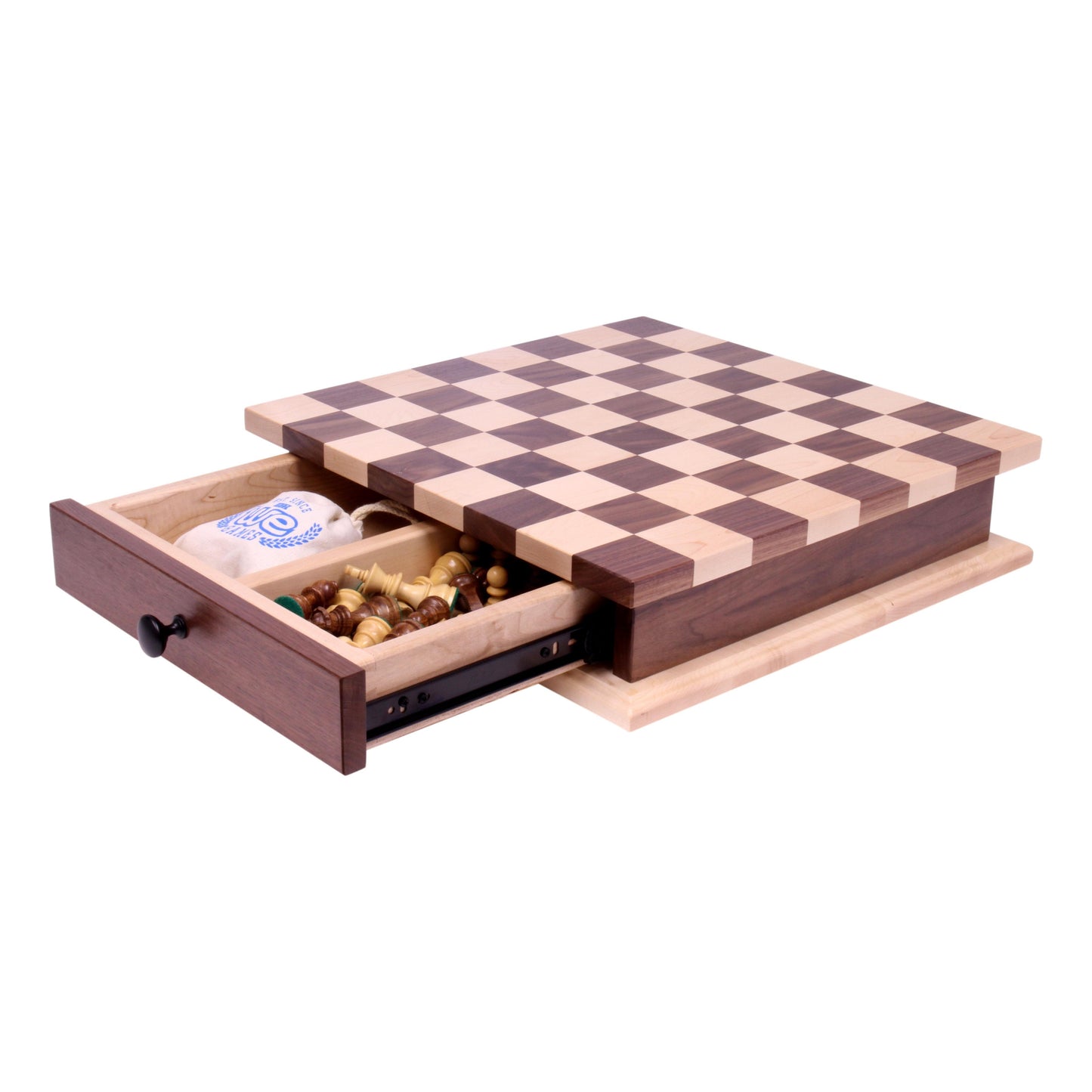 Amish Deluxe Chess/Checkers Wooden Game Board Set - with Pullout Drawer