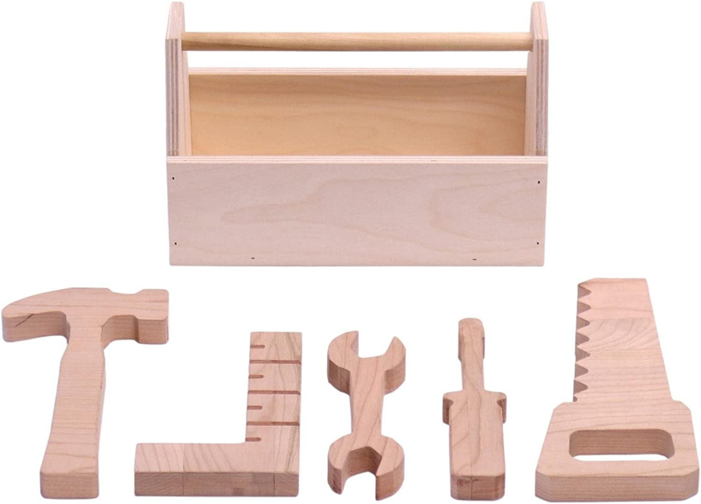 AmishKid's Play Tool Box Toy Set, 6 Piece Wooden Toy Tool Set, Unfinished