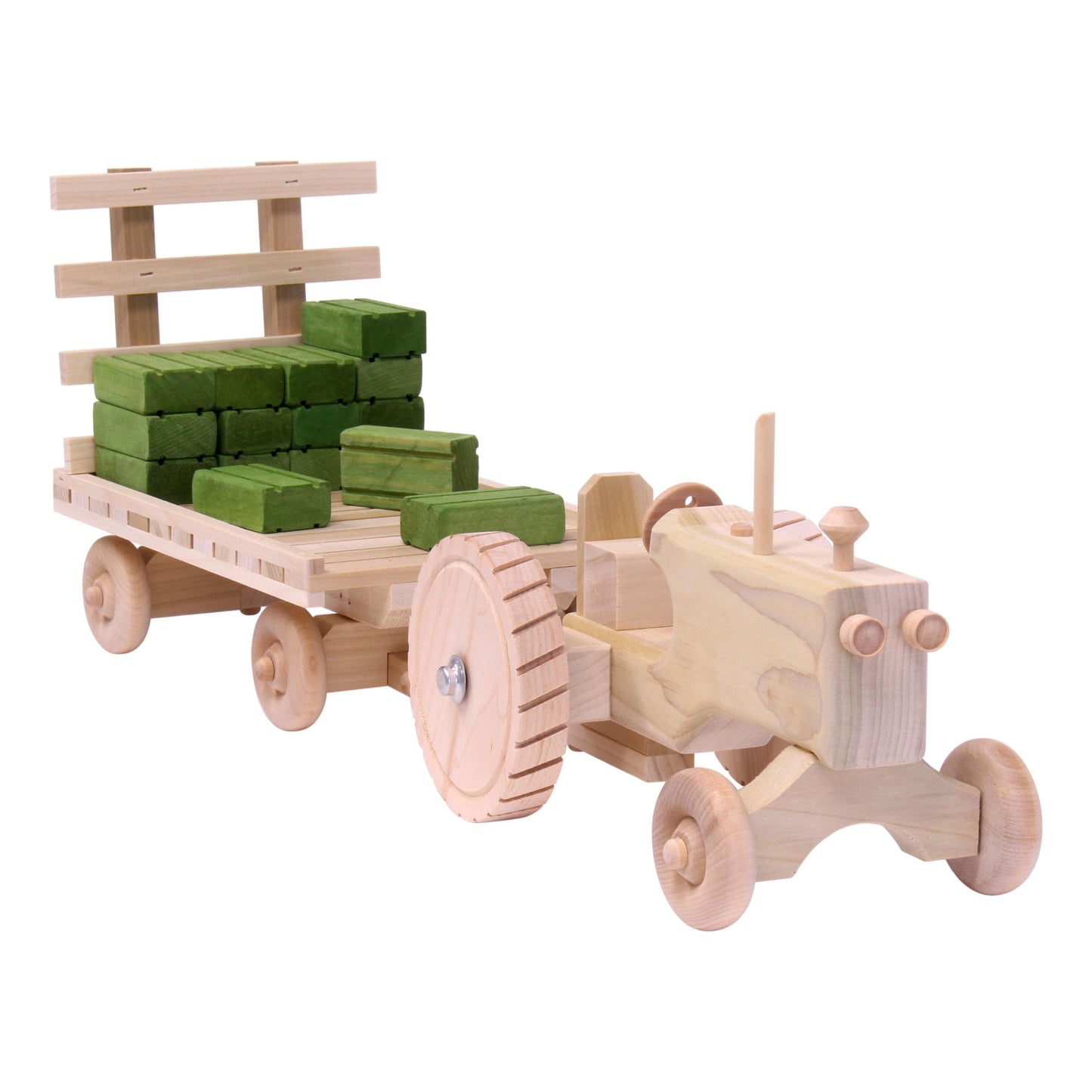 Amish Wooden Toy Tractor & Hay Wagon Set with Hay Bales