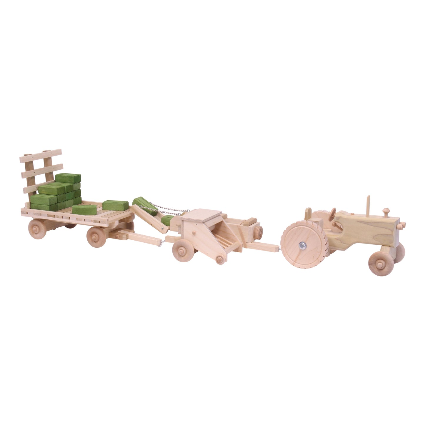 AmishLittle Farmer Hay Baling Toy Set - Wooden Toy Tractor, Hay Baler, Hay Wagon and 16 Hay Bales