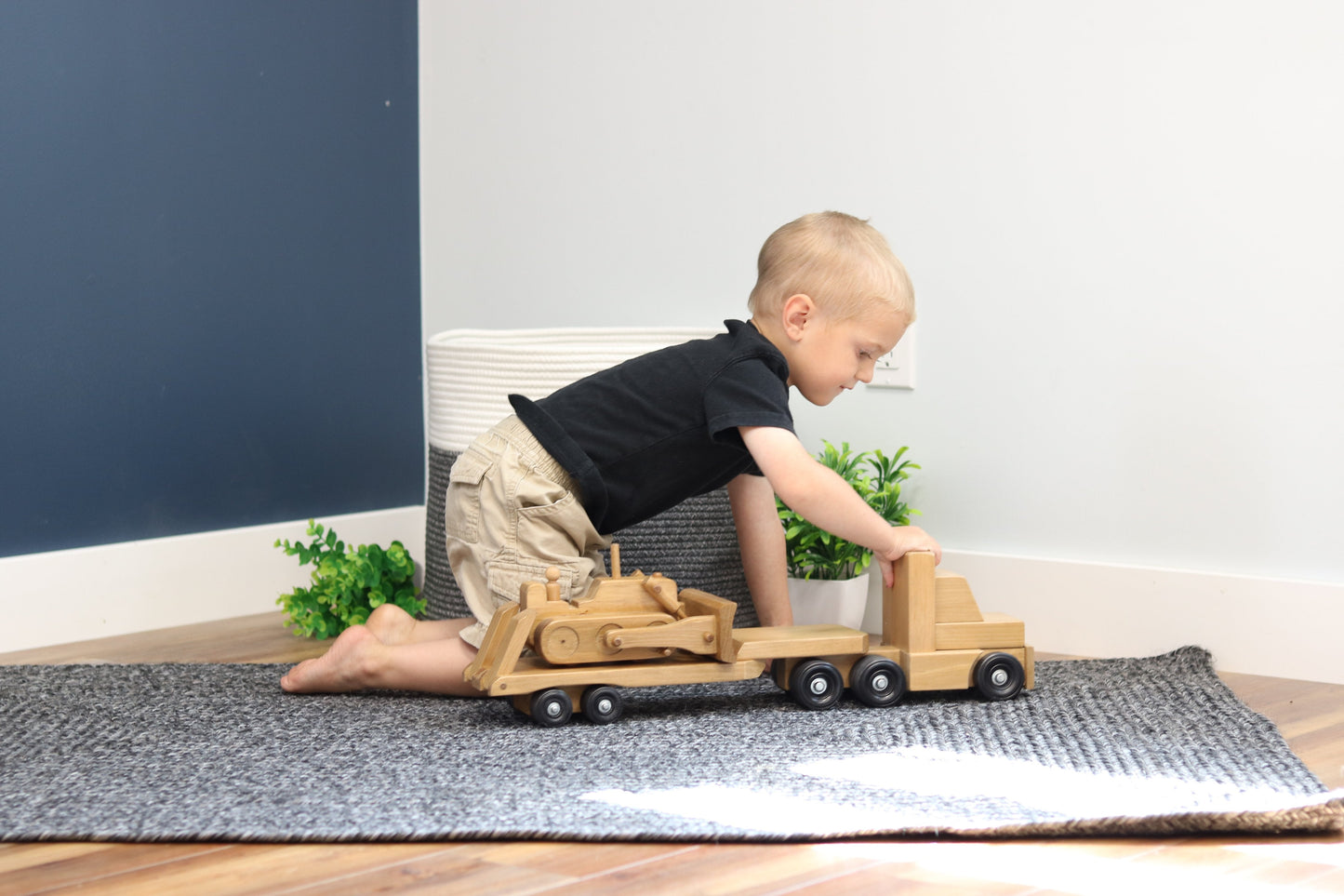 Amish Wooden Toy Truck & Low Boy Flatbed Trailer with Bulldozer Set