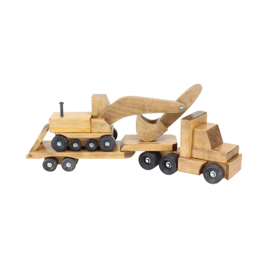 Amish Large Wooden Toy Truck & Low Boy Flatbed Trailer with Excavator Set