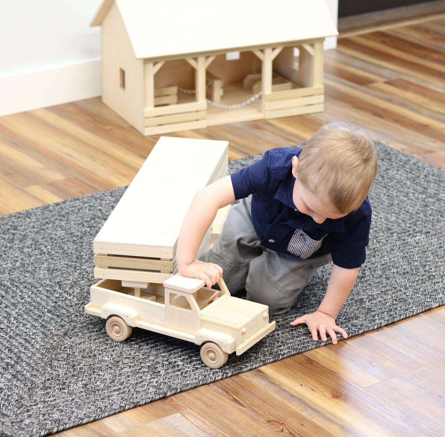 Amish Wooden Toy Pickup and Gooseneck Trailer Set