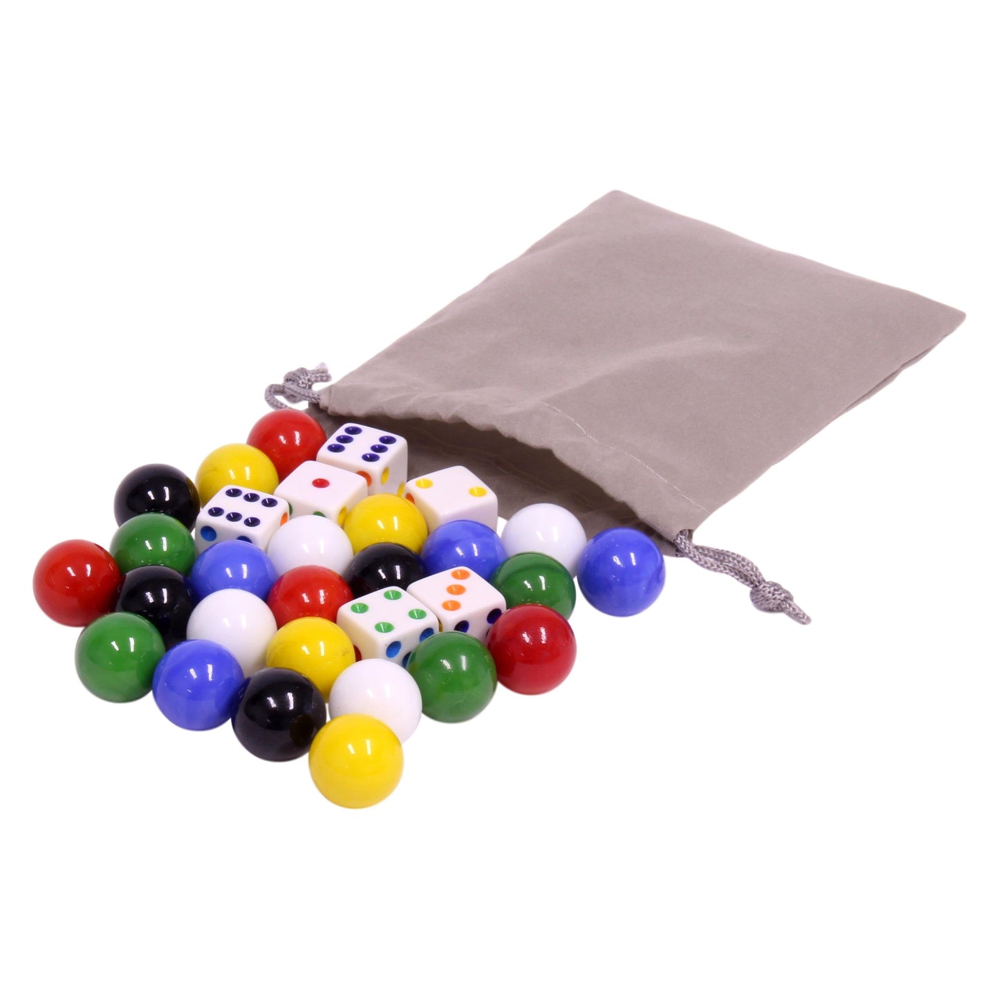 AmishGame Bag of 24 Large Glass Marbles (18mm Diameter) and 6 Dice for Aggravation Game
