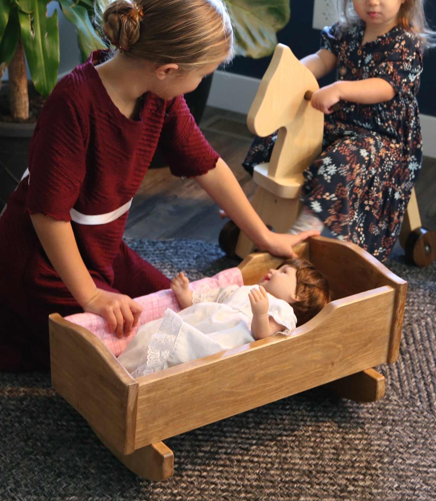 Amish Wooden Rebekah's Collection Doll Cradle with Blanket Set