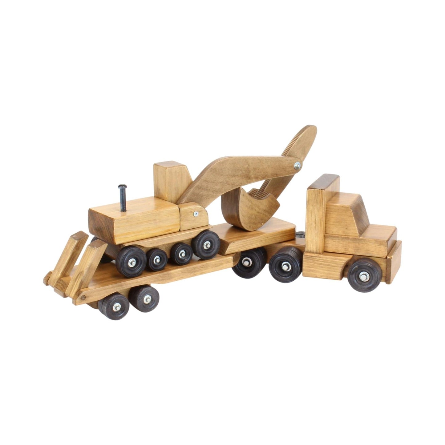 Amish Large Wooden Toy Truck & Low Boy Flatbed Trailer with Excavator Set