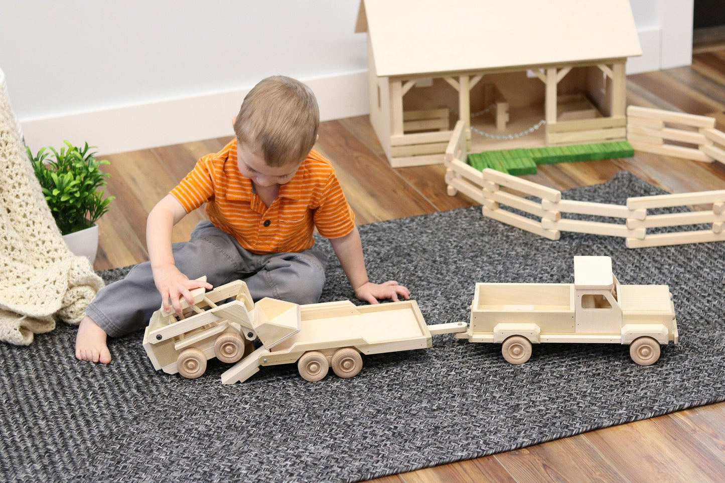 Amish Wooden Toy Pickup Truck and Flatbed Trailer with Skidloader Set