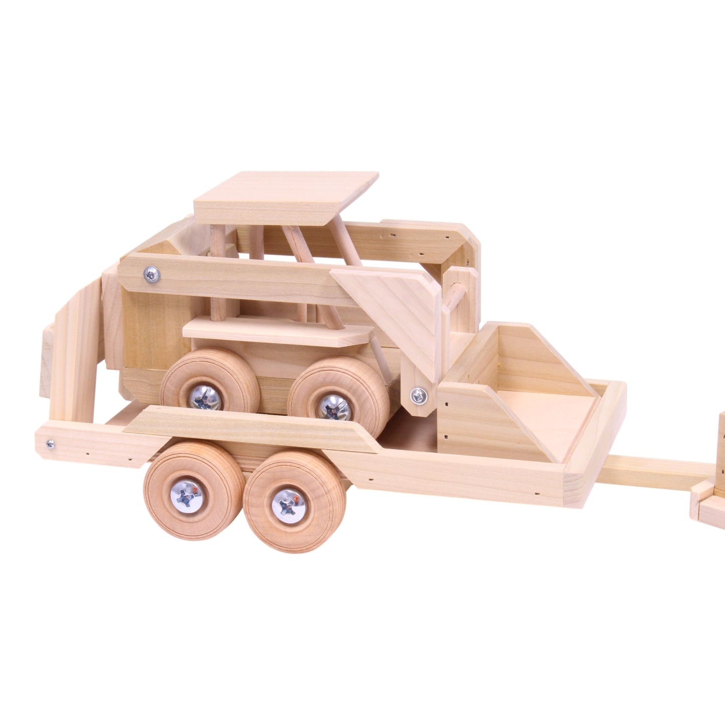 Amish Wooden Toy Pickup Truck and Flatbed Trailer with Skidloader Set