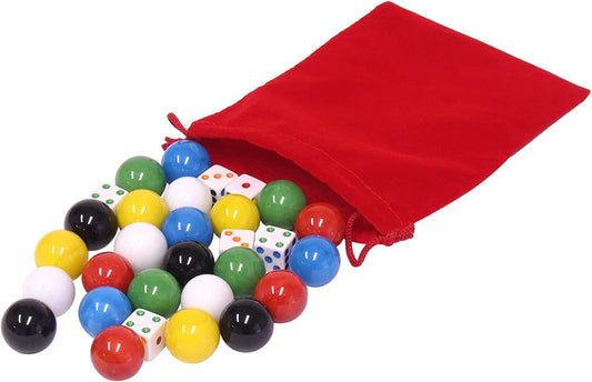 AmishBag of 24 XLarge Glass Marbles, 1" (25mm) and 6 Dice for Aggravation Game