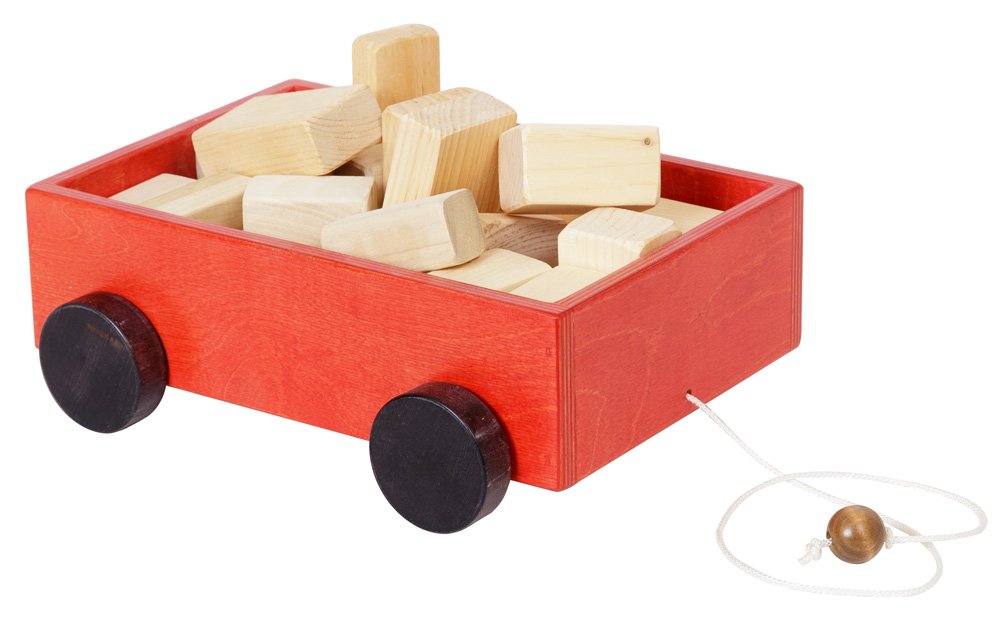 Amish Wooden Toddler Pull Wagon Toy with Wood Building Blocks