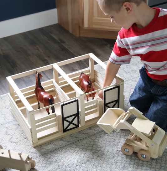Amish Wooden 2-Stall Horse Stable Toy with Sliding Doors