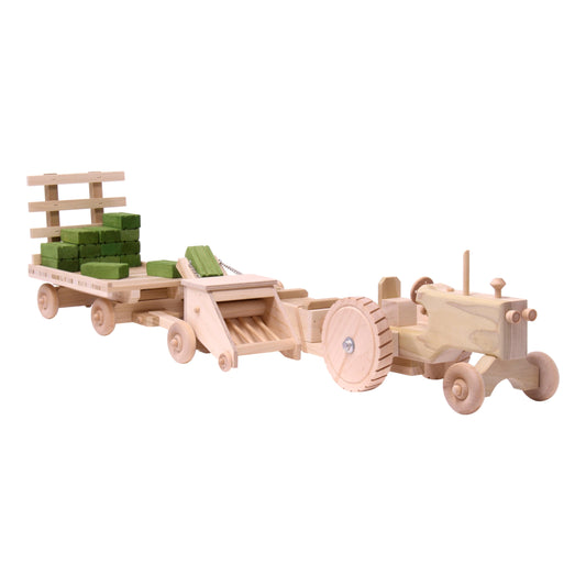 AmishLittle Farmer Hay Baling Toy Set - Wooden Toy Tractor, Hay Baler, Hay Wagon and 16 Hay Bales